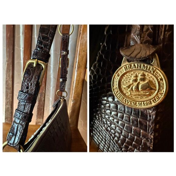 Brahmin Anytime Baguette Shoulder Bag – Melbourne Croc Embossed Leather Brown - Picture 15 of 17